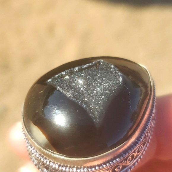 New Oversized Black Agate Druzy 925 Silver Ring. - Picture 14 of 16